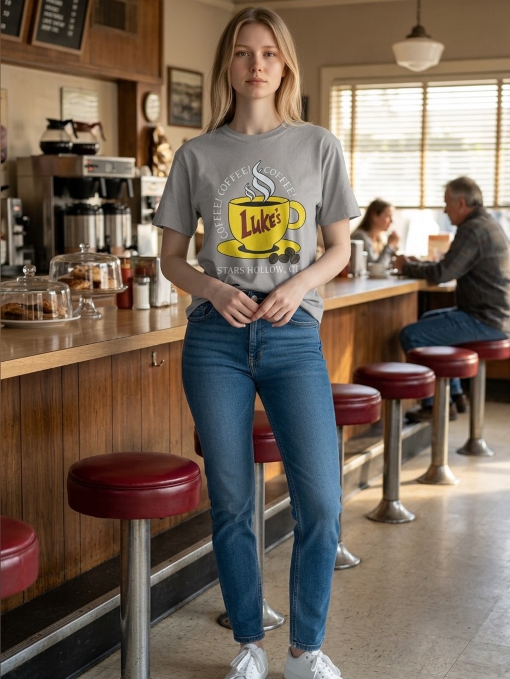 Gilmore Girls Luke's Diner Shirt Womens Adult Gray Stars Hollow Coffee Tee Small